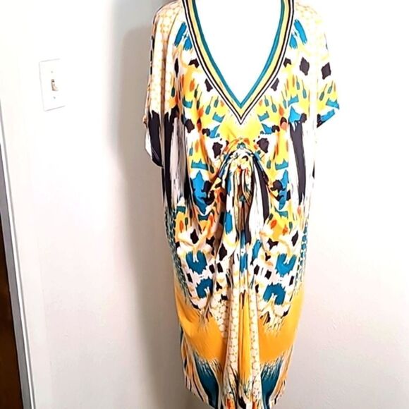 Jealous Tomato Colorful Printed Shift Dress with Bow Below Chest, Size 1X - Picture 2 of 10